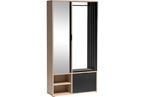 MINIO GO FOR IT MINIO - Hallway Wardrobe Set 100 cm Wide with Mirror and Seat Cushion, Coat Rack with Shoe Storage Milo, Hallway Wardrobe for Clothes, Coat Stand with Storage - Artisan Oak/Black