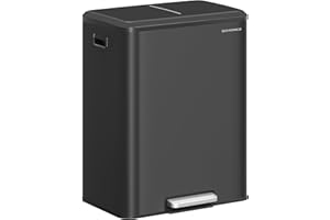 SONGMICS Poubelle de Cuisine, 2 x 30 L Poubelle Double pour le Recyclage et les Déchets Ménagers, Seaux Intérieurs, Acier, Fermeture Douce, Pédale, Noir d'Encre LTB566B02