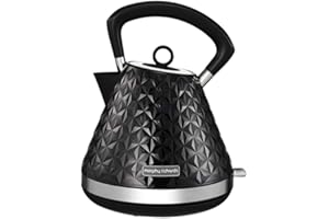 Morphy Richards Vector Pyramid Kettle, 1.5L 3kW Rapid Boil, Anti Limescale Filter, Boil Dry Protection, Water Window, Pull Ring Removeable Lid, 360 Cordless Base, Black, 108131