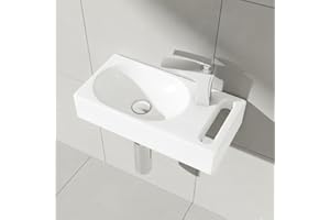 DB DUROVIN BATHROOMS Durovin Bathrooms Compact Ceramic Sink - Wall Hung Mount - Rectangular Cloakroom Hand Washing Basin - One Right Hand Tap Hole with Towel Rail