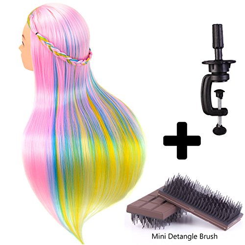 24" Cosmetology Mannequin Head 100% Synthetic Hair Rainbow Color, Practice Training Hair Styling Mannequin Head with Table Clamp Holder and Mini Detangling Brush