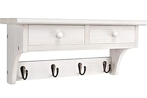 Emfogoo Percheros Pared Madera, Perchero Entrada Recibidor Carga Máxima 10KG con 4 Enlaces y 2 Cajones, Colgadores Pared para Entrada, Vestíbulo, Dormitorio, Cocina y Baño