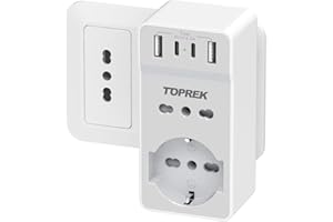 TOPREK Presa Multipla USB Salvaspazio con 10A/16A, Spina Italiana, 6 in 1 Adattatore Multipresa Elettrica da Muro con 1 Schuko & 1 Prese IT & 2 USB C & 2 USB A, 4000W Presa per Ufficio Casa Viaggio