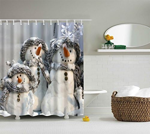 UncleS Christmas Snowman Shower Curtain with 12 Hooks, 71 x 71 inch 3D Digital Printing Waterproof Fabric Home Bathroom Window Door Christmas Decoration (Family)