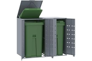 Emmtore Mülltonnenbox 2er Tonnen, Kapazität bis 240L, Aus witterungsbeständig pulverbeschichtetem Stahl mit Automatikdecke, Tonnenhaus, Garten Müllbox,Grau,2 * 240 L
