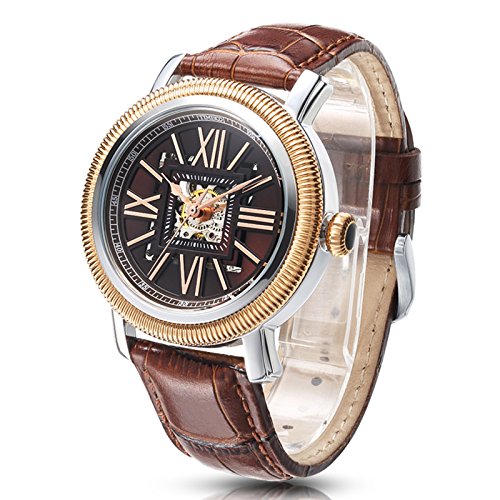 Time100 NEU Herrenuhr Automatik Lederarmband Analog skelett mechanische Uhr Armbanduhr mit braun Lederarmband 5 Bar Wasserdicht Gold #W60055G.02A Time100 NEU Herrenuhr Automatik Lederarmband Analog skelett mechanische Uhr Armbanduhr mit braun Lederarmband 5 Bar Wasserdicht Gold #W60055G.02A