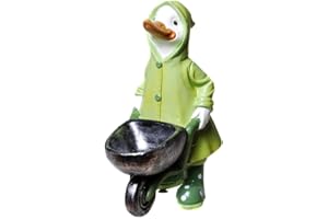 ‎ASPINAWORLD Aspinaworld wetterfeste Gartenfigur für außen, Enten Figur mit Regenmantel und Schubkare, Dekofigur Garten, Gartendeko aus Kunstharz