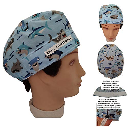 OP-Haube Haie kurze haare Chirurg Zahnarzt Tierarzt Kochen Saugfähiges Handtuch auf der Stirn. Nach Ihren Wünschen einstellbar. Benutzerdefiniert mit freiem Namen