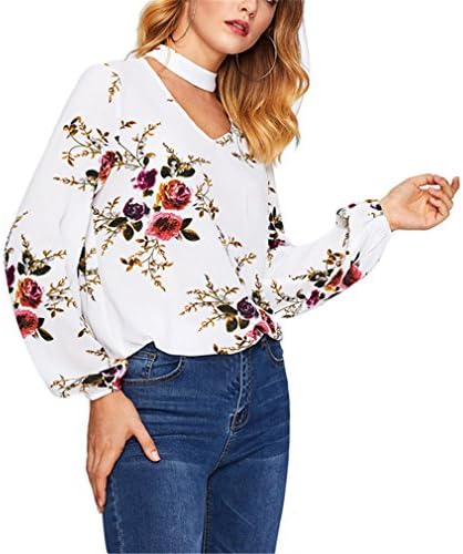 Hangyin Floral Print Blouses Cut Out Choker Neck Women Tops Fall Long Sleeve Ladies Blouse Womens Blouse Multi Multi