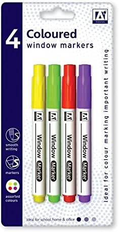 4 Assorted Coloured Window Marker Pens For Glass - Yellow Green Red Purple