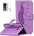 Produktbild ISENPENK Huawei P9 Lite(2016) Flip Case,Original Flip Bookstyle Cover Wasserdicht Shockproof Anti Slip Protection Leather Case,Feder Print Muster Pattern Wallet Case mit Intern Karte Schlitz,Anti-Sturz Stoßfest Stoßdämpfend Triangle Hemming Wallet Tasche,Magnetic Closure Schutzhülle mit Standfunktion und Handy Gürtel für Huawei P9 Lite(2016) 5.2Zoll-[lila]+Panzerglas Folie/Displayfoile/Displayschutzfolie