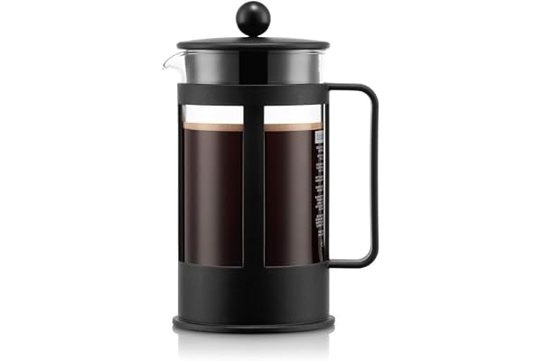 Bodum Kenya Cafetière à Piston - 1L / 8 Tasses - Cafetière Manuelle en Verre Borosilicate et Inox - Passe au Lave-Vaisselle - Fabriquée au Portugal