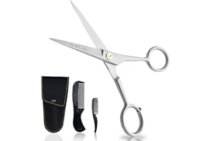 ONTAKI Professional German Beard & Mustache Scissors with Comb & Carrying Pouch - Hand Forged with Bevel Edge for Precision Perfect Men’s Facial Hair Grooming Kit for All Body or Facial Hair (Silver)