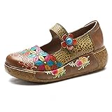  Socofy Damen Pantoletten, Sandalen Slip-Ons Sommer Leder Pantoffel Vintage Slipper Clogs High-Top Blume Espadrilles Schuhe Loafer Hausschuhe (39 EU, Braun_a)