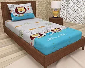 BOMBAY TWILLS 260 TC Super Heavy Glace Cotton Cartoon Printed Single Bed Bedsheet for Children Room with 1 Pillow Cover (90 x 60 Inch, Sky Blue)