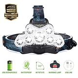 SGODDE Lampe Frontale LED Rechargeable Puissante, Lampe Frontale LED Rechargeable USB Etanche IPX4, 9 LED 10000LM, 6 Luminosités à Choisir avec 2 Piles pour la Lecture, Le Camping, Le vélo et Autres