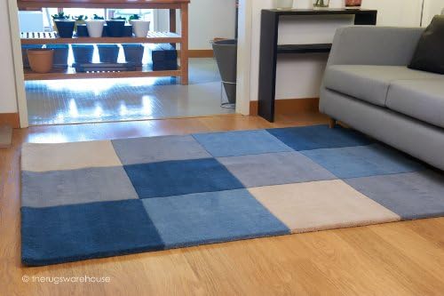 100% Wool Chequered Blue Luxury Handmade Square Rug 220x220cm (7'9''x7'9'')