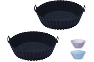 MIR & MAD® 2PCS Air Fryer Silicone Liner & 2 Cupcake Liners | 8 Inch Round Food Safe Non Stick Reusable Silicone Air Fryer Liner | Air Fryer Accessory (Black & Black)