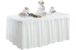 TONIFUL Weißer Kunststoff-Tischrock und Tischdecken-Set, 427 cm, rechteckiger Einweg-Tischrock, inklusive Tischabdeckung für Hochzeit, Geburtstagsfeier, Weinparty, Babyparty, Buffet-Bankett-Dekorationen