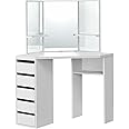 HEXCELEN Eck-Schminktisch Mit Hocker - 5 Schubladen, Großer Spiegel, 120cm - Weiß