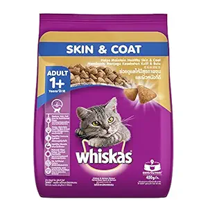 Whiskas Dry Cat Food for Adult Cats (1+ Years), for Healthy Skin & Coat, 450 g