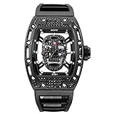 CWYPB Male Watches Silicone Bracelet Diamond Skull Head Luminous Sports Wine Barrel Waterproof Length: 244Mm,Black