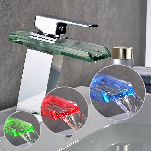 Auralum® Elegant LED RGB Glass Mischbatterie Armatur Wasserhahn Chrom Wasserfall Waschtisch Waschtischarmatur für Bad Badezimmer Küchen - 9
