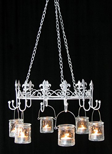 Windlicht, Gartenlaterne, Hängeleuchter, Kerzenhalter, Nostalgie-Kerzenleuchter „Lilie“, Metall Weiss gewischt im Shabby-Used-Look, Ø 36 cm und 6 Teelichthaltern. - 2