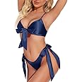 FEBEUL Women's Two Piece Bow Tie Silk Satin Strap Bralette Bra and Panty Bikni Babydoll Lingerie Set