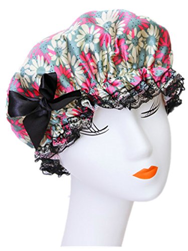 Moolecole Fashion Women's Bow-knot Waterproof Double Layer Shower Cap Floral Bathing Cap Spa Shower Hat