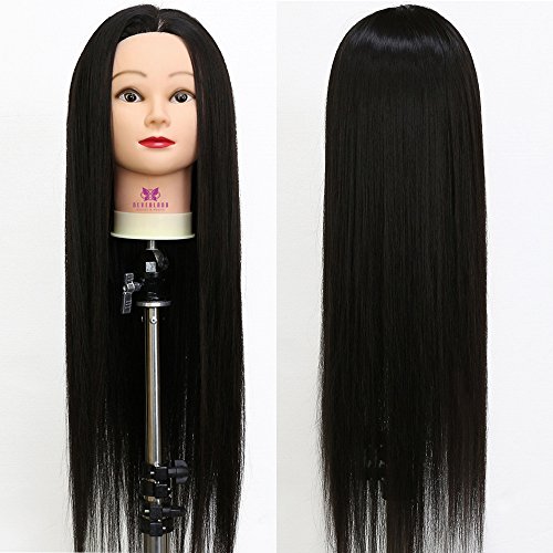 Neverland Beauty 26" Long Smooth 100% Synthetic Natural Black Hair Hairdressing Equipment Styling Head Doll Mannequin Training Head Tools Braiding Cutting Student Practice Model with Clamp #1B UK Stock