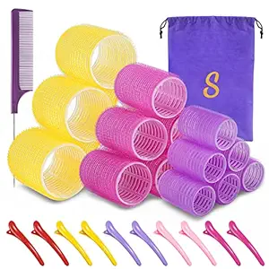 Self grip hair roller set,Hair roller set 18 pcs,Heatless hair curlers,Hair rollers for Long hair,Medium and Short hair,Hair rollers with hair roller clips and comb,Salon hairdressing curlers,DIY Hair Styles, Sungenol 3 Sizes Hair Rollers in one set