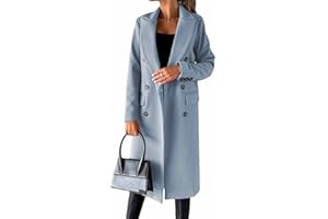 CARGIS Long-sleeved wool coat with double-breasted buttons,Women's Double Breasted Long Trench Coat Windproof Classic Lapel Slim Overcoat
