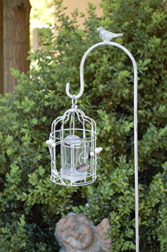 Gartenstecker mit Windlicht Vogel & Perlen Dekoration Anhänger Teelicht Teelichthalter Windlicht Kerzenhalter Vogel Käfig grau 113cm