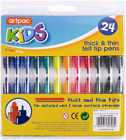 5starwarehouse® 24 Assorted THICK &amp; THIN Fibre Coluring Pens Felt Tips Markers Art Craft - 5star Cloth Included