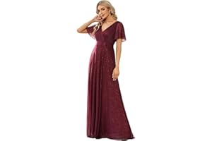 Ever-Pretty Robe Longue de Soiree Tulle Plissé Femme Manches Courtes Col V A Line Taille Empire Brillante Élégante EE50159