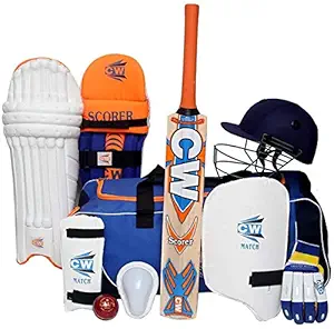 CW SCOREMASTER Kashmir Willow Wheelie Bag Bat Helmet Full Cricket Kit Youth & Boys for 8-9 Years Kids (Size 4)