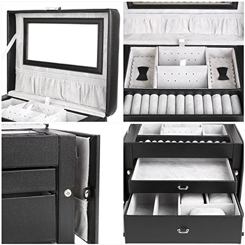 Femor Schmuckkästchen abschließbar Schmuckkoffer mit 3 Schubladen Schmuckkasten mit Minibox und Innenspiegel(Schwarz) - 5