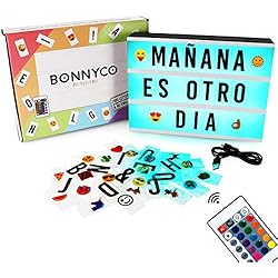 Caja de Luz A4 de Colores con 165 Letras y Emojis, Mando y USB – BONNYCO |Ñ y Ç | Cartel Luminoso LED con 16 Colores, Ideal para Decoración Hogar, Regalo Amigo Invisible, Navidad o Cumpleaños