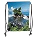 Produktbild Drawstring Backpacks Bags,Balinese Decor,Tanah Lot Temple in Bali Island Wavy Ocean Historic Architecture Heritage Picture,Green Blue Soft Satin,5 Liter Capacity,Adjustable String