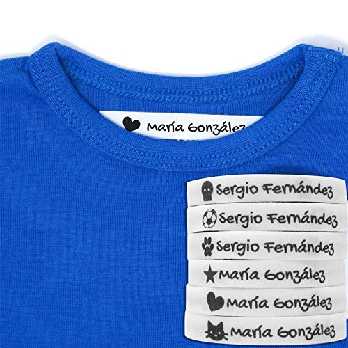 100 Etiquetas Termoadhesivas Personalizadas con Icono para marcar la ropa. Tela Blanca