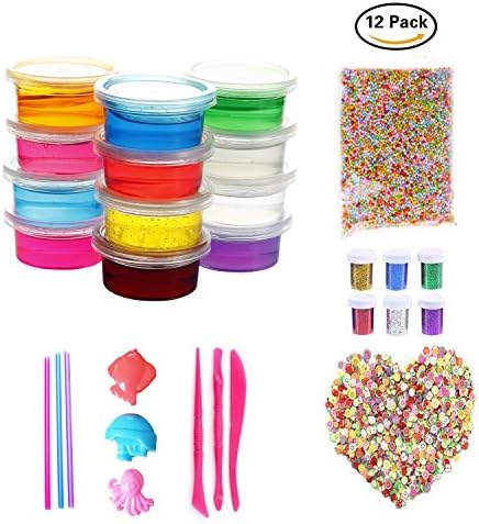 Slime Kit, 12 Pack Crystal Clay Mud with 15000PCS Colorful Foam Balls, 1000PCS Fruit Face Decoration, 6 Bottles Glitter Shaker Jars, Magic Transparent Plasticine Toys for Adults and Children