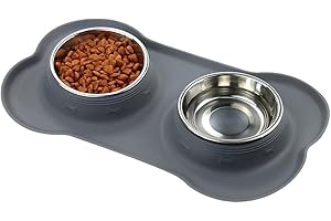 GNCPETS Mangeoire pour chats et petits chiens en acier inoxydable avec base en silicone grise antidérapante - 2 bols pour nourriture et eau - abreuvoir anti-éclaboussures pour chien.