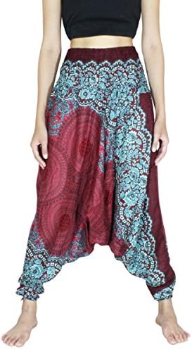 BANJAMATH Women's Peacock Print Aladdin Harem Trousers Hippy Pants Jumpsuit (S, Mandala Red)