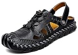  TQGOLD Hombre Mujer Sandalias de Verano Zapatos de Playa Chanclas Zapatillas de Piel de Vacuno(Negro,Tamaño 44)