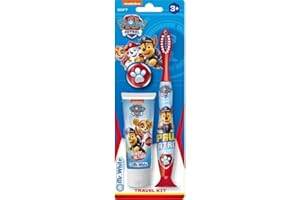 MR.WHITE BRUSH YOUR WAY Paw Patrol Oral Care Travel Kit Contains Strawberry Flavour Toothpaste and Toothbrush with Protection Cap, Suction Cup, Comfortable Handle and Soft Bristles for Kids