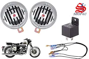 SHOP4U Super Tone Silver Chrome Grill Horn Set of 2 Compatible with Royal Enfield Classic 350 (Free Relay and Wire)