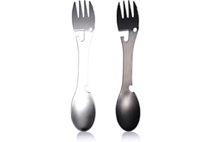 Crethinkaty 2 PCS Stainless Steel Utility Camping Spork,Multifunctional 5 In 1 Outdoor Spoon Fork Bottle Can Opener Camping Cutlery Travel Functional Eating Multi-Tool