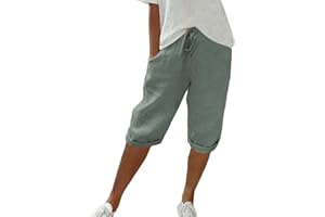 CHANPNING Short d'été décontracté en Coton et Lin avec Cordon de Serrage à la Taille et Poches pour Femme - Short de randonnée - Longueur Genou - Vêtement de détente Taille Haute - Pantacourt