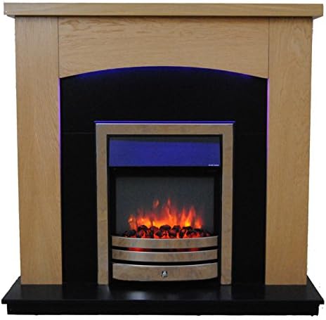 Ingleton Electric Fireplace Suite, 220/240Vac 1&amp;2kW with multi function remote control in light oak veneered MDF fireplace suite.